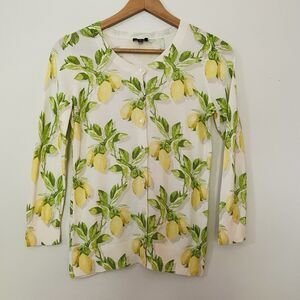 Talbots Lemon Print Cardigan XS Button Front Sweater Fruit Coastal Citrus